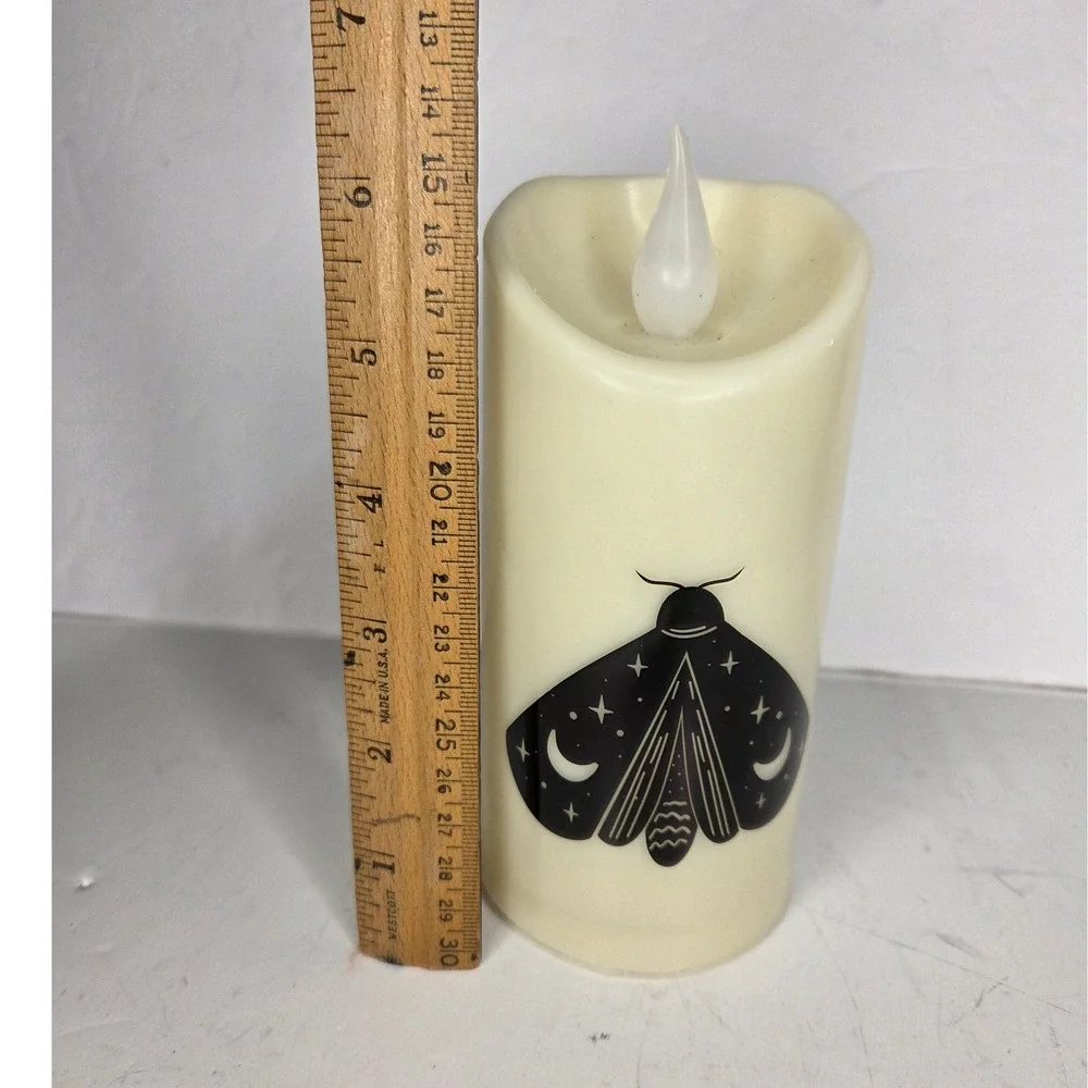 Celestial Moth LED Flameless Pillar Candle Black Moon Stars Gothic Halloween